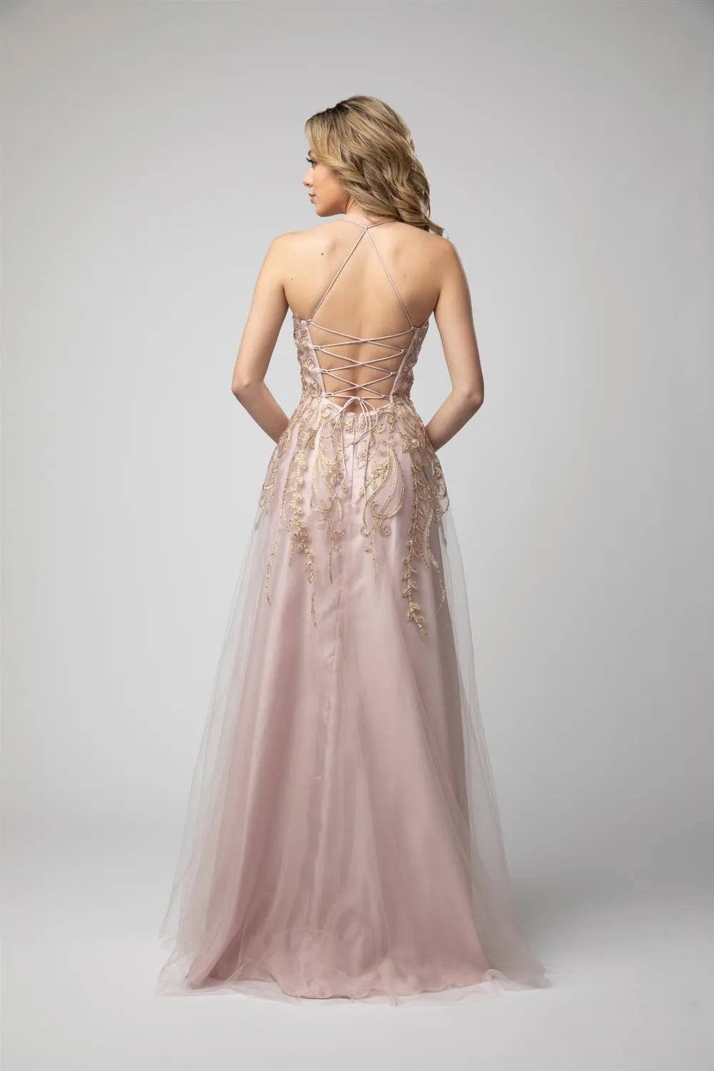 Embroidered Lace-Up Back A-line Slit Gown by Juno 0936