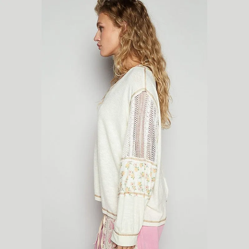 Floral Crochet Patch V-Neck Top