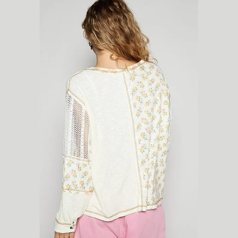 Floral Crochet Patch V-Neck Top