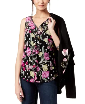 INC International Concepts Ruffled V-Neck Top Dotted Tulips (XX-Large) Black
