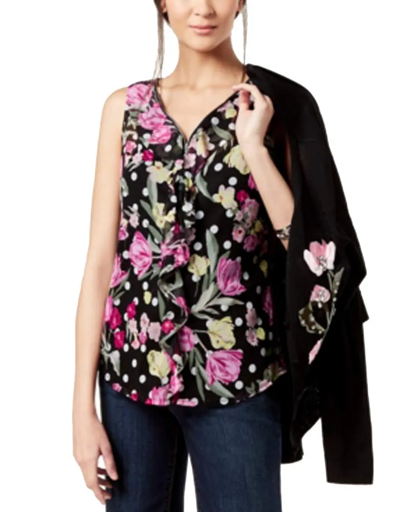 INC International Concepts Ruffled V-Neck Top Dotted Tulips (XX-Large) Black