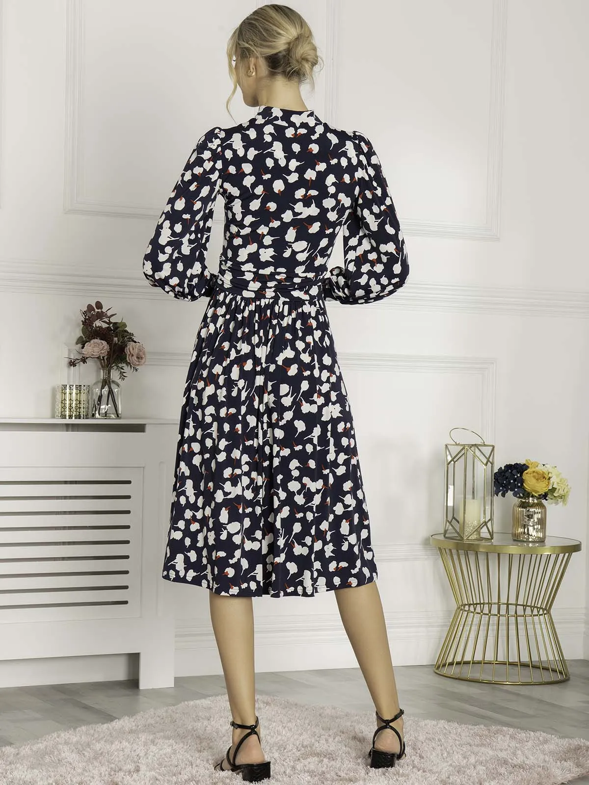 Jolie Moi Kathryn Long Sleeve Midi Dress, Navy White Floral