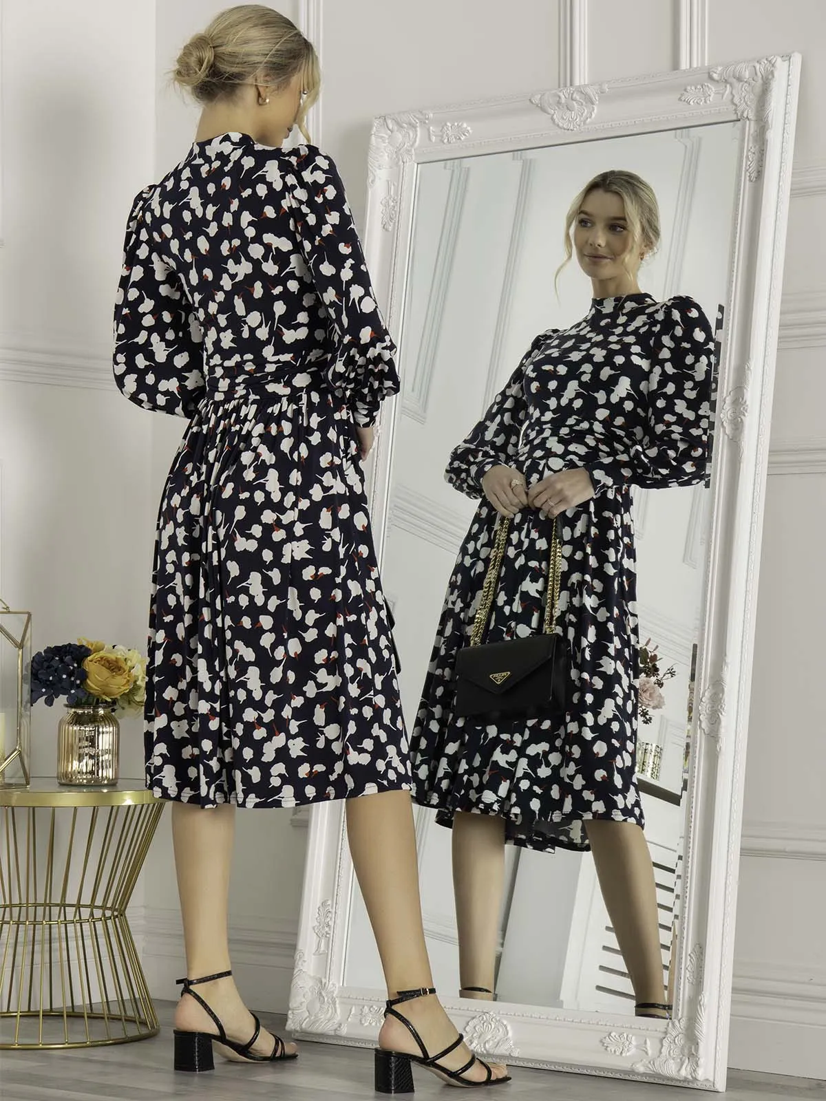 Jolie Moi Kathryn Long Sleeve Midi Dress, Navy White Floral