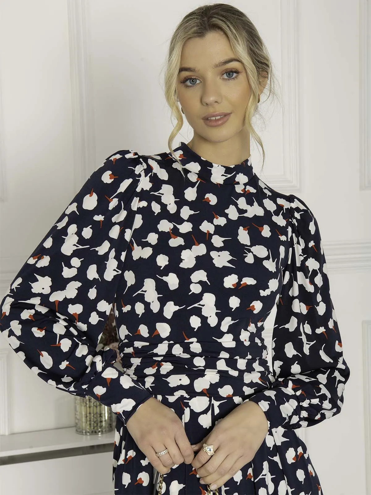 Jolie Moi Kathryn Long Sleeve Midi Dress, Navy White Floral