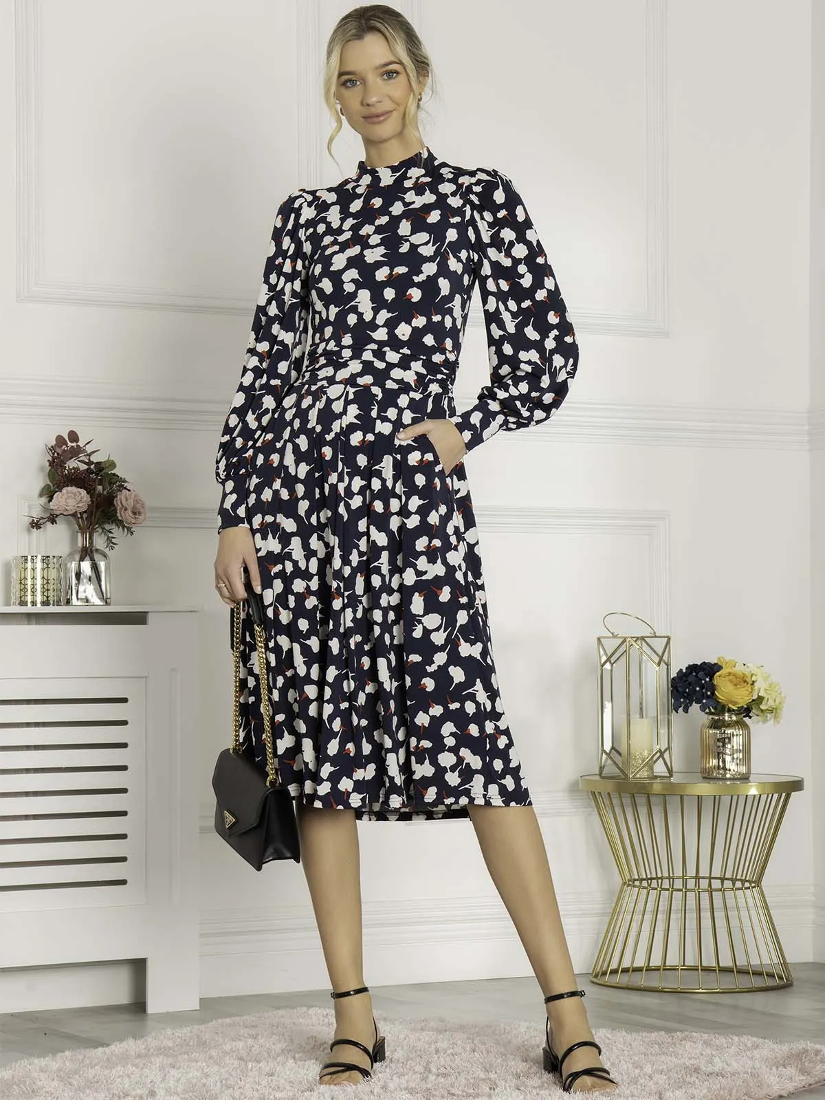Jolie Moi Kathryn Long Sleeve Midi Dress, Navy White Floral