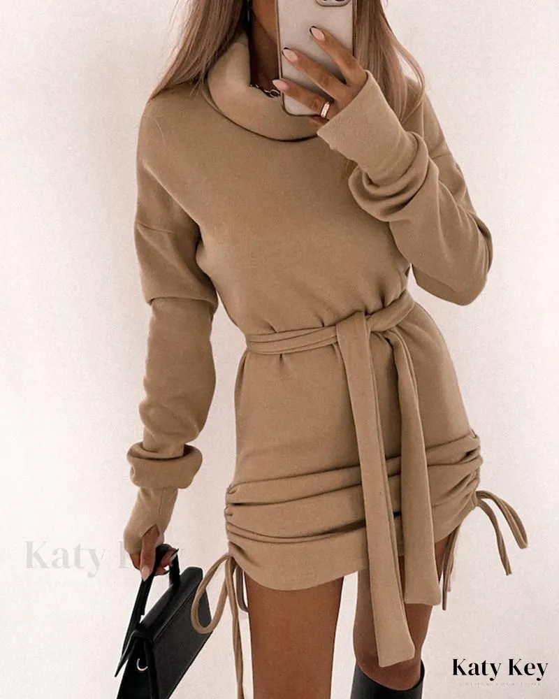 KatyKey - Chic Drawstring Ruched High Neck Sweatshirt Dress for Effortless Style