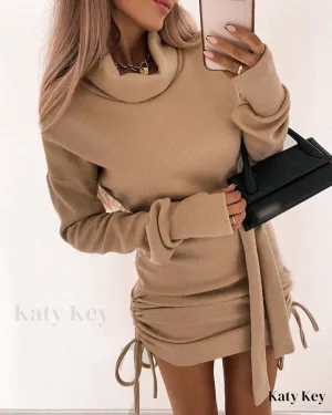 KatyKey - Chic Drawstring Ruched High Neck Sweatshirt Dress for Effortless Style