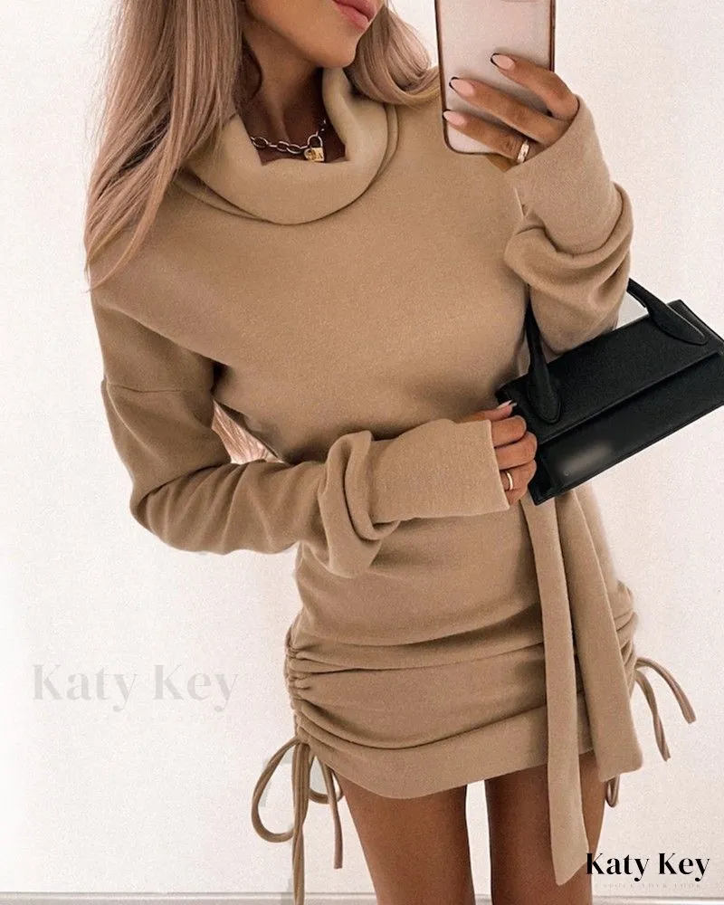 KatyKey - Chic Drawstring Ruched High Neck Sweatshirt Dress for Effortless Style