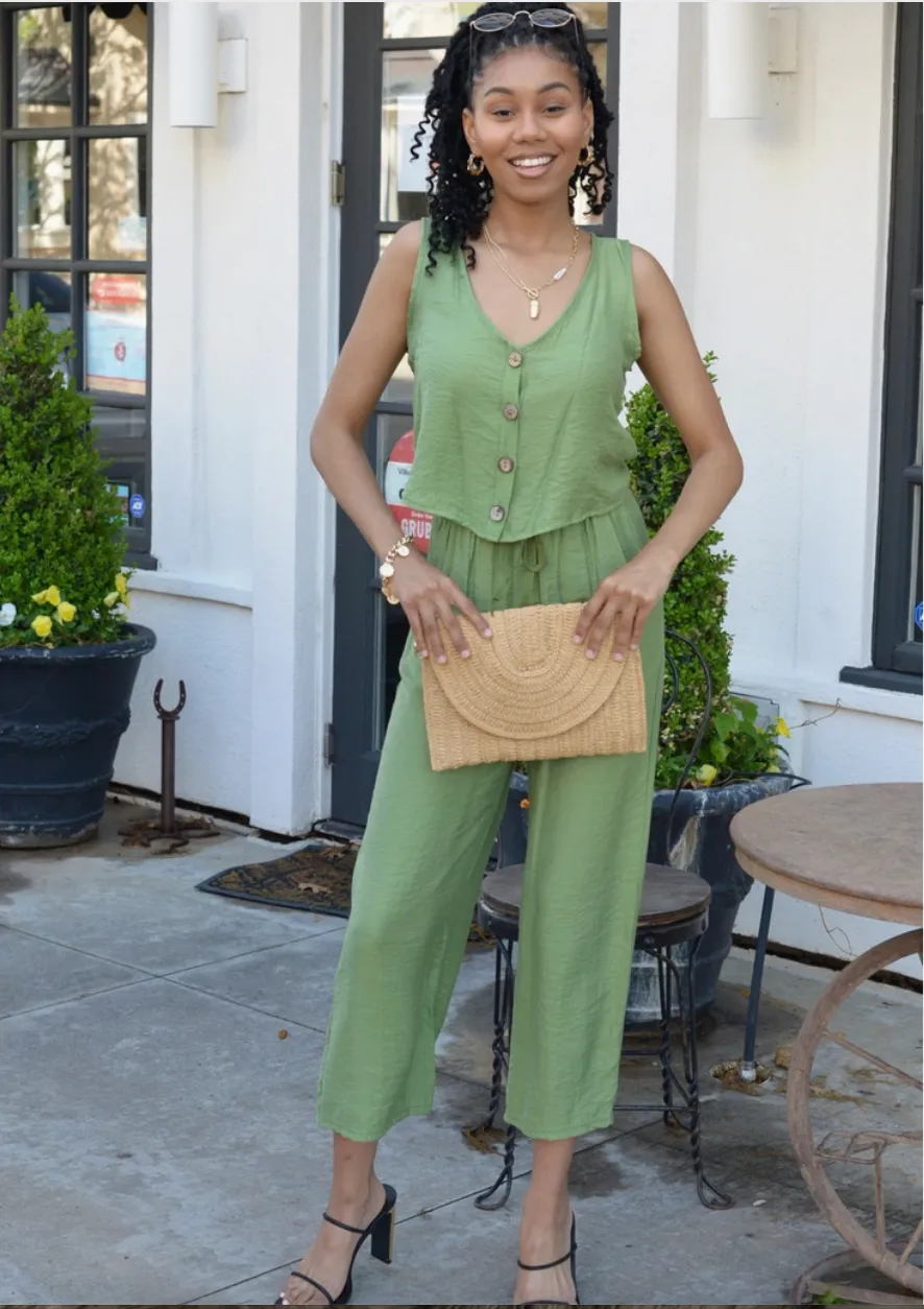 Light Green Drawstring Tank & Pants Set
