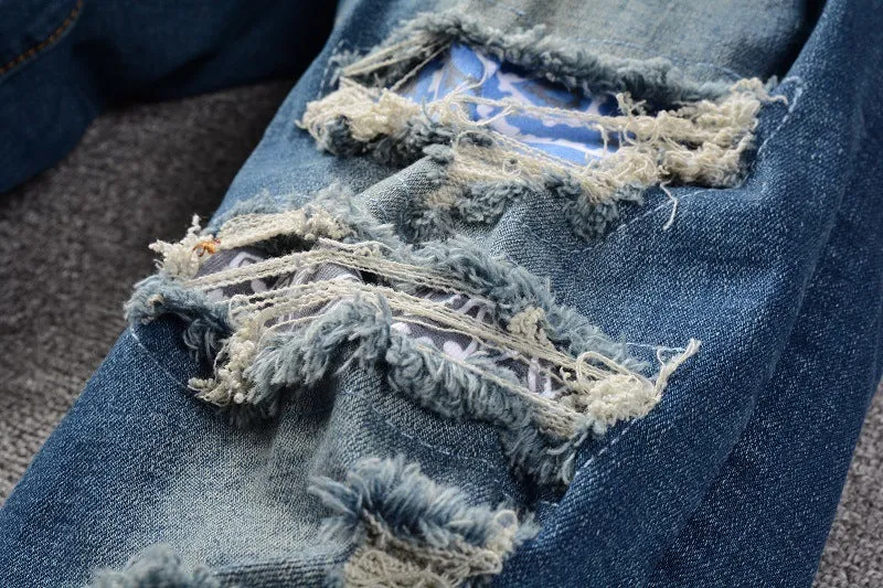 Men's Ripped Patch Jeans Trendy Slim Fit