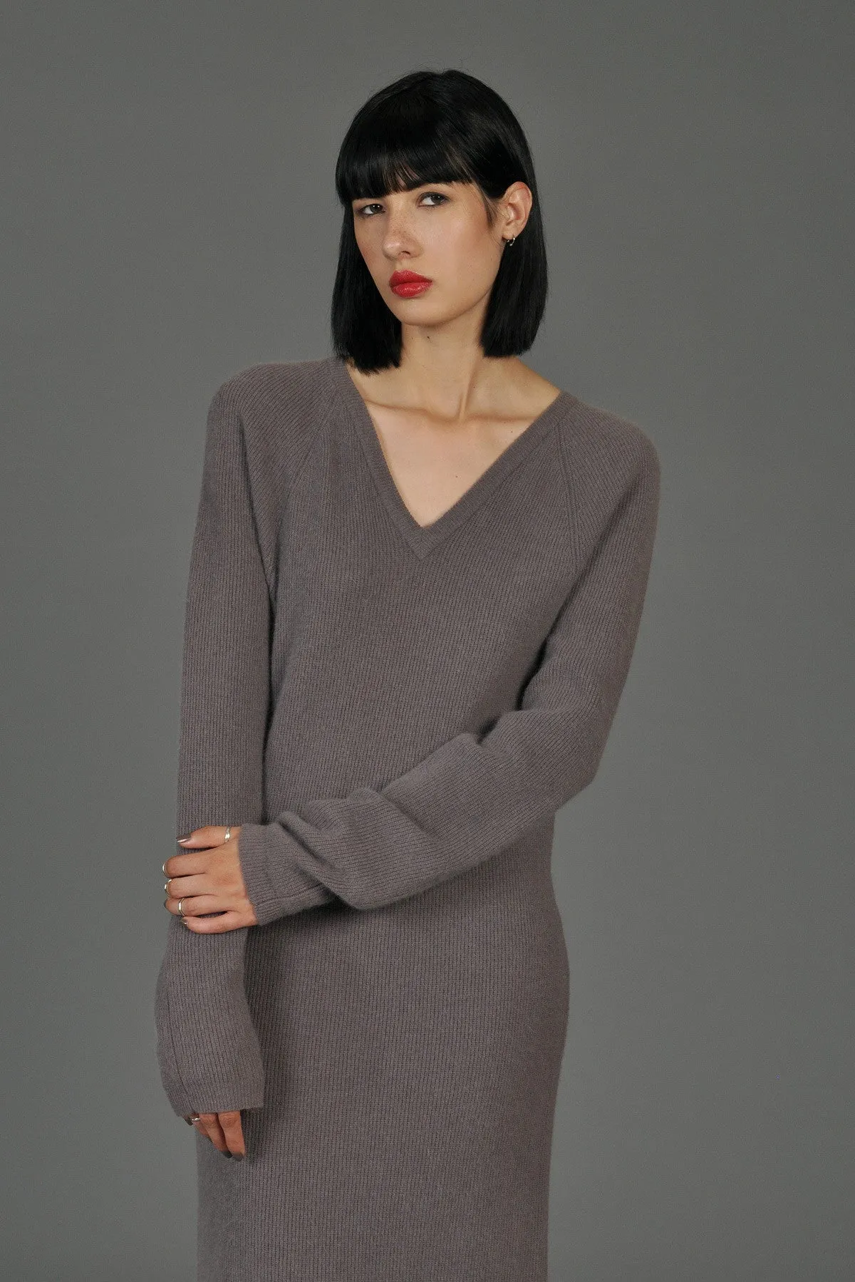 Minimal Angora   Lambswool V-Neck Maxi Sweater Dress