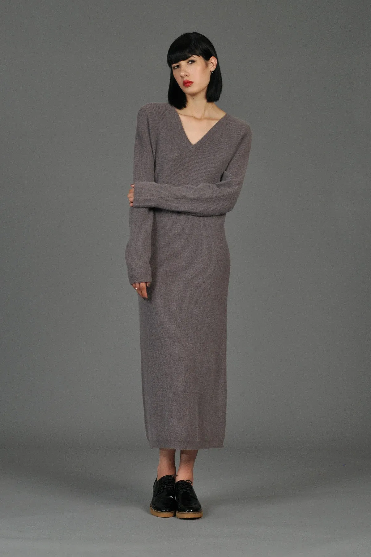 Minimal Angora   Lambswool V-Neck Maxi Sweater Dress