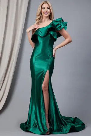 One Shoulder Side Slit Satin Long Evening Dress