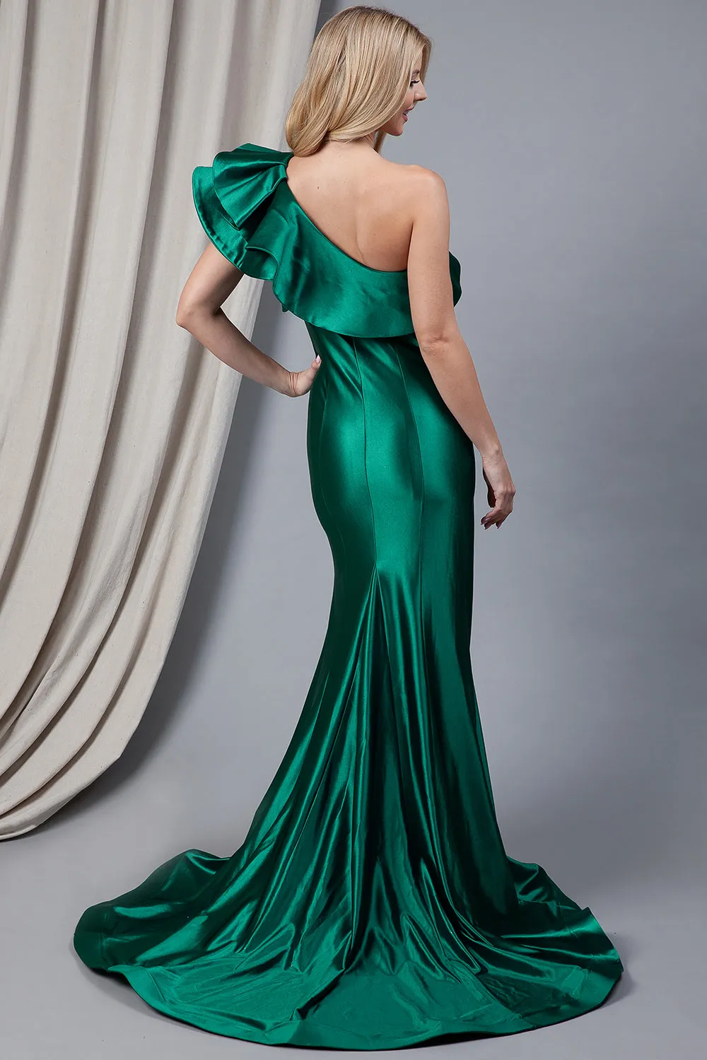 One Shoulder Side Slit Satin Long Evening Dress