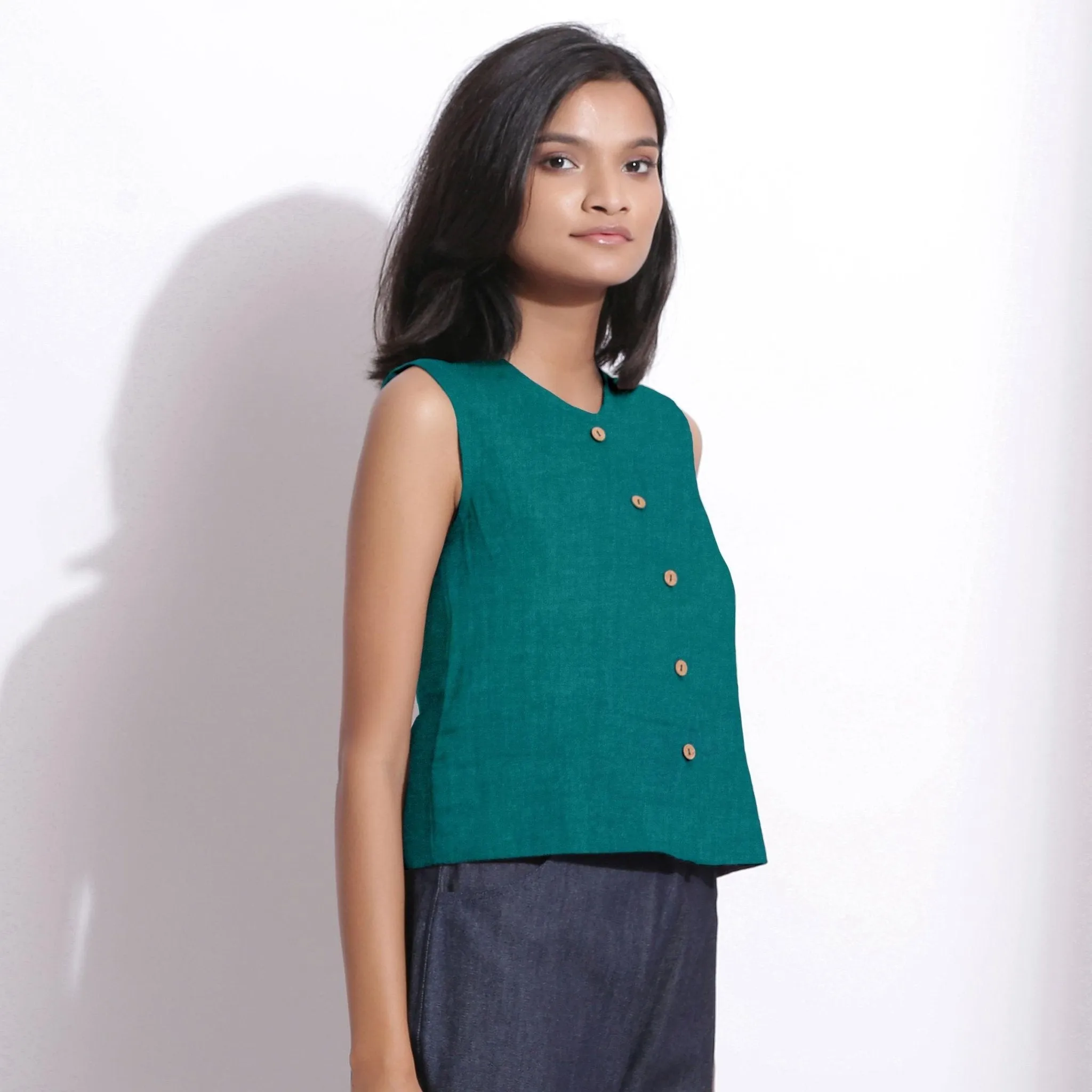 Pine Green 100% Linen Button-Down Short Top