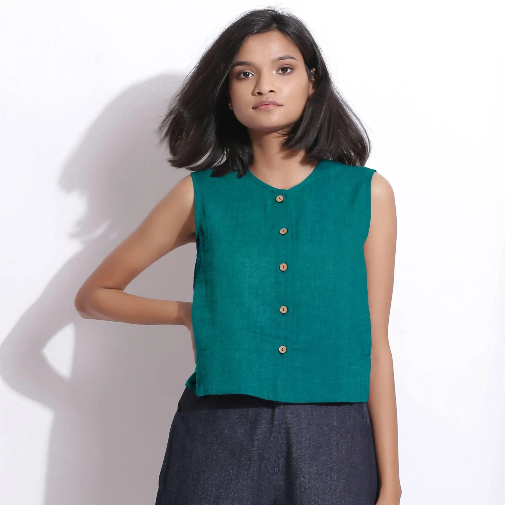 Pine Green 100% Linen Button-Down Short Top