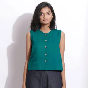 Pine Green 100% Linen Button-Down Short Top