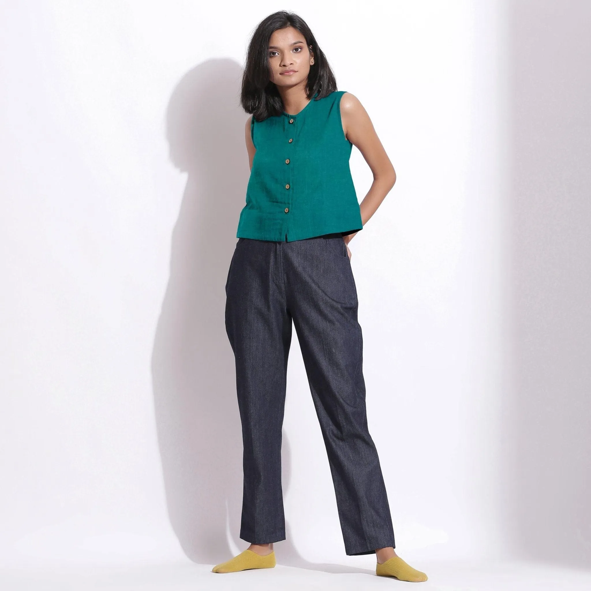 Pine Green 100% Linen Button-Down Short Top