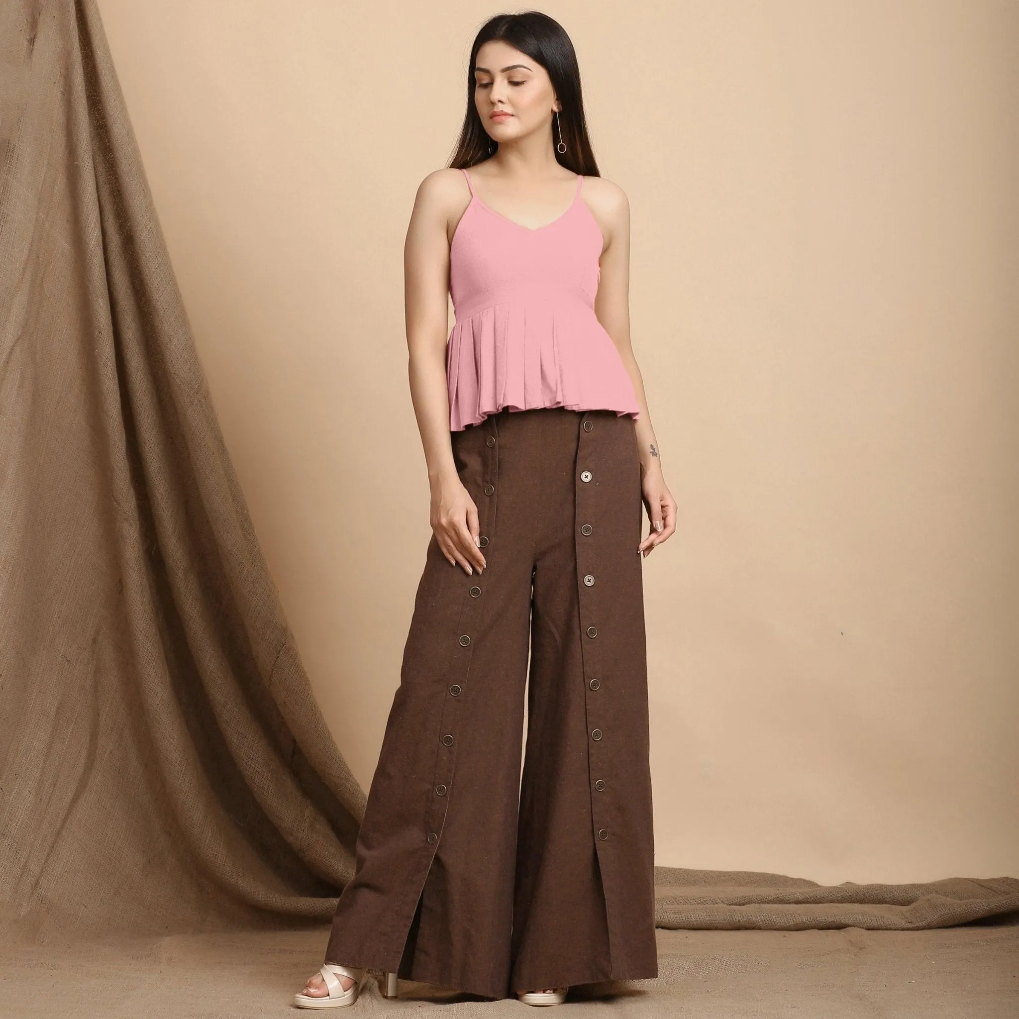 Pink Cotton Flax Slim Fit Pleated Camisole Top