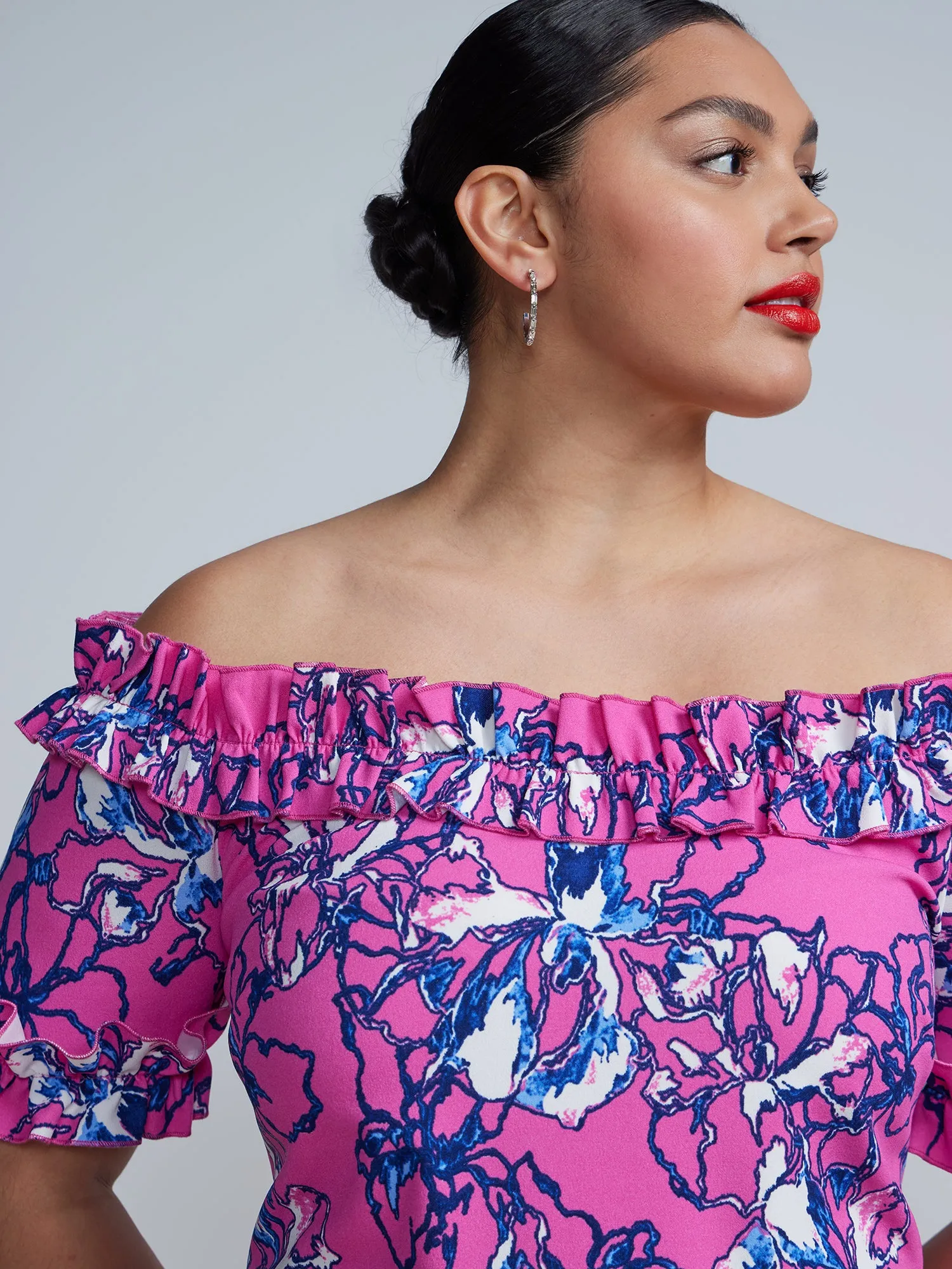 Plus Off Shoulder Floral Print Ruffle Sheath Dress
