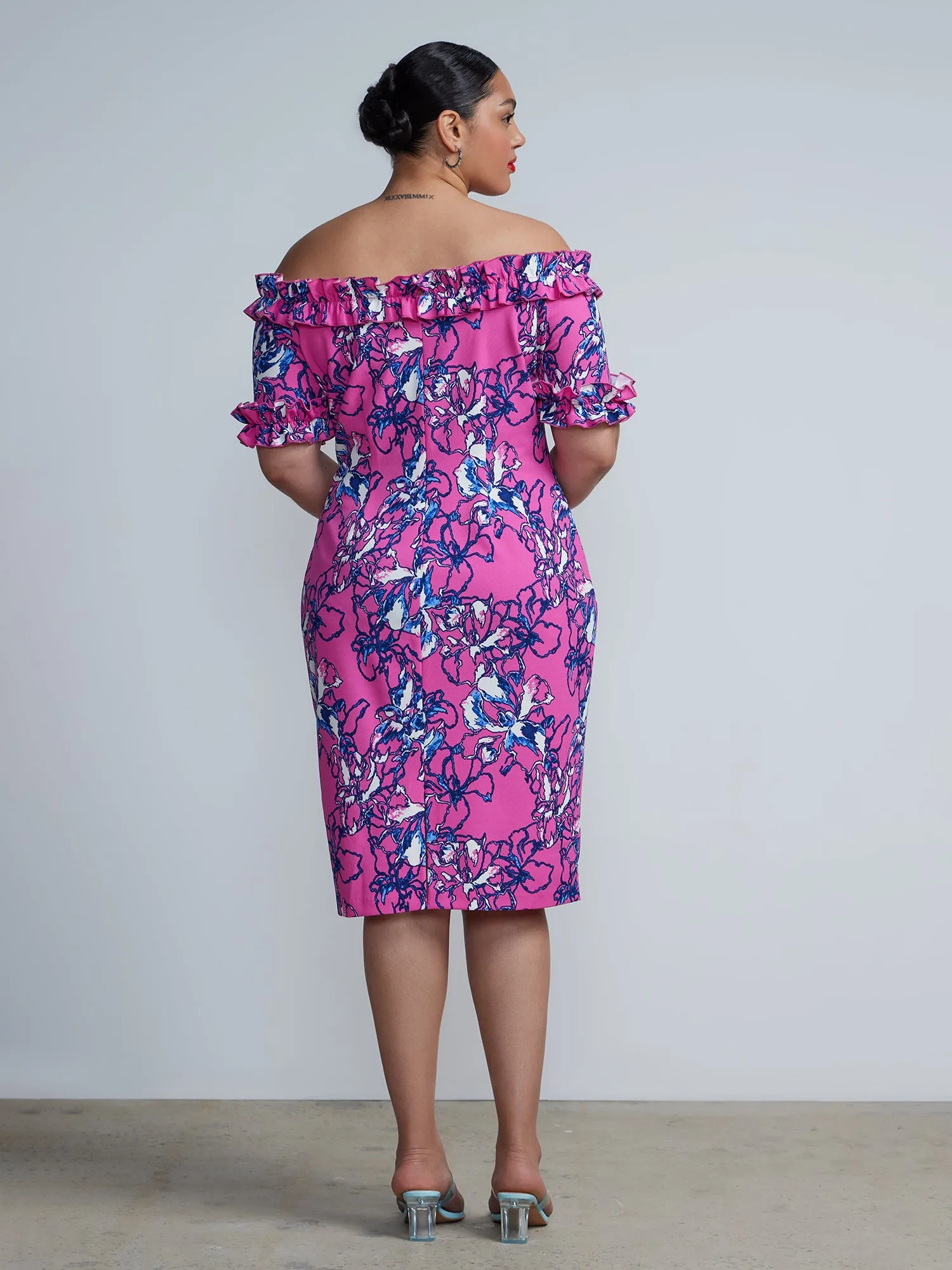 Plus Off Shoulder Floral Print Ruffle Sheath Dress