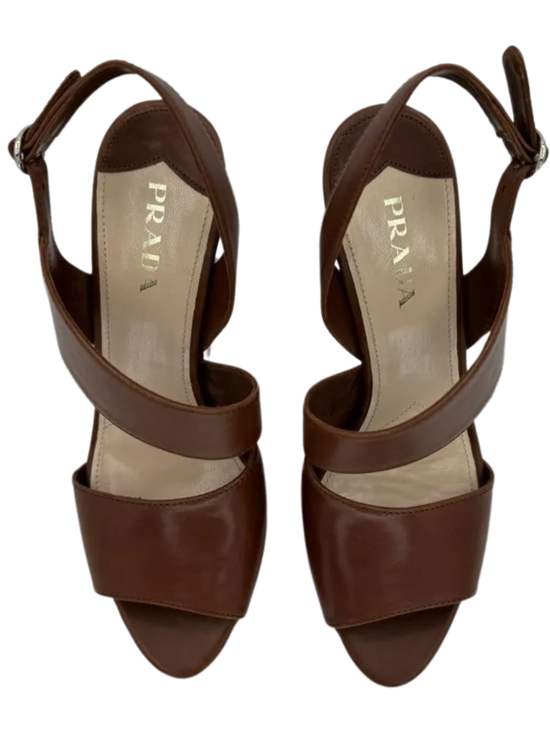 Prada Asymmetric Calfskin Wedge Sandal, Brown
