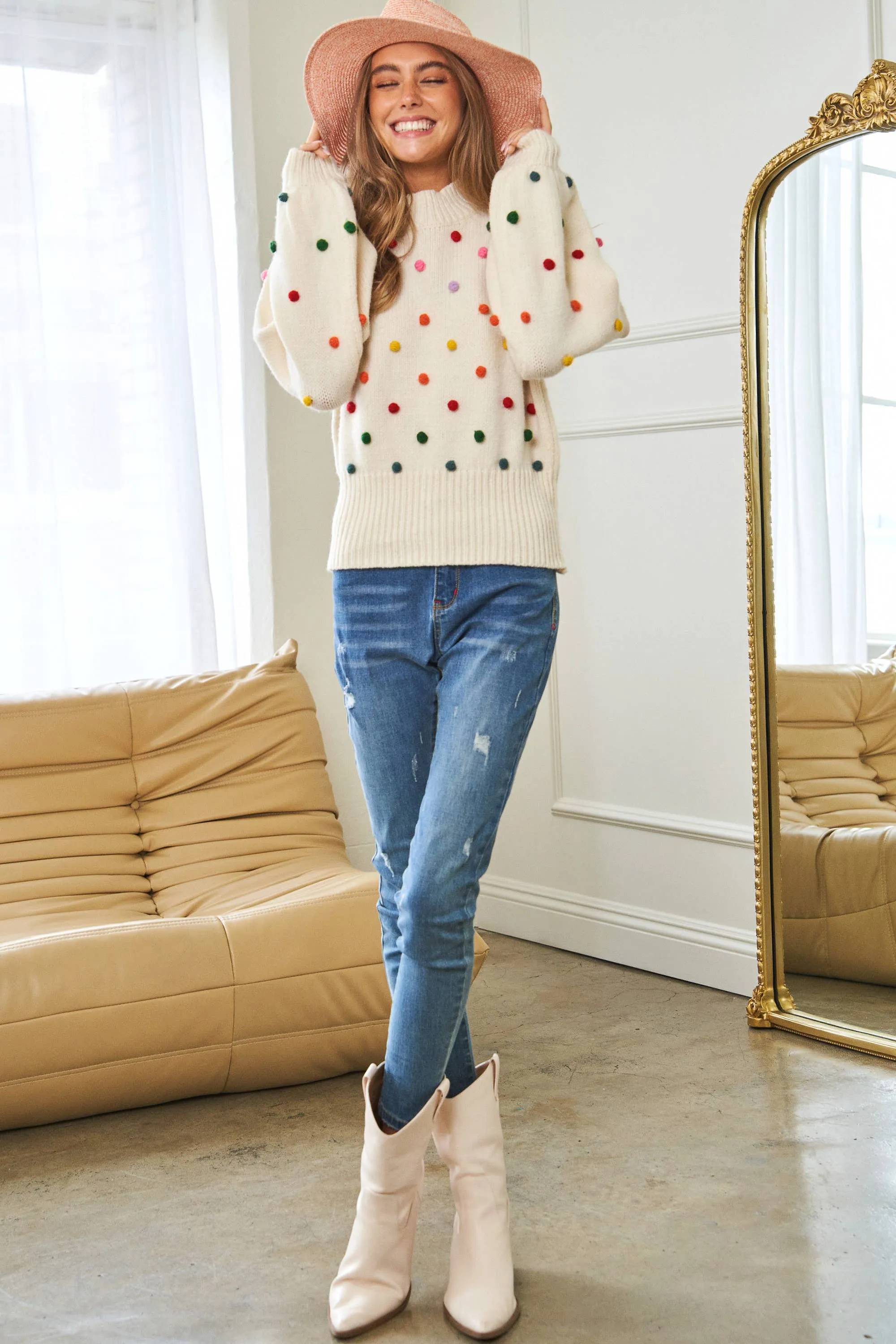 Rainbow PomPom Mock Neck Sweater