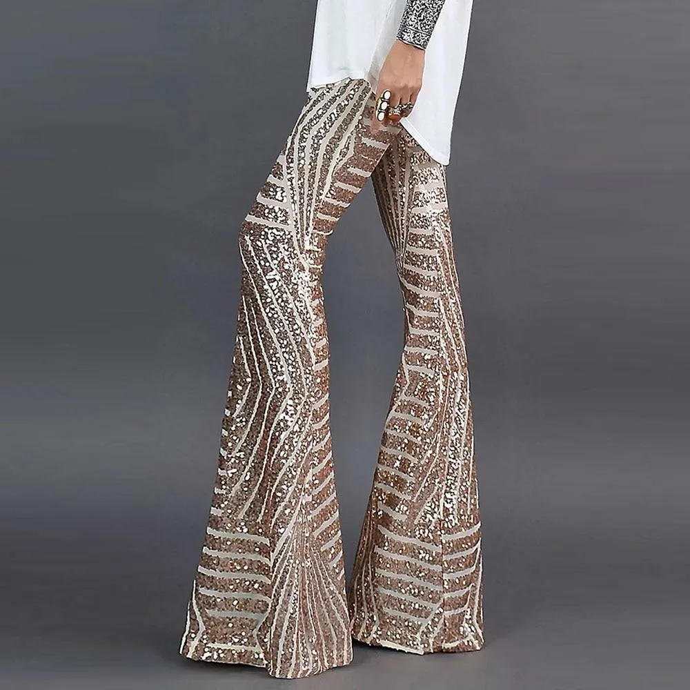 Sequin Glitter High Waist Wide Leg Long Flare Pants