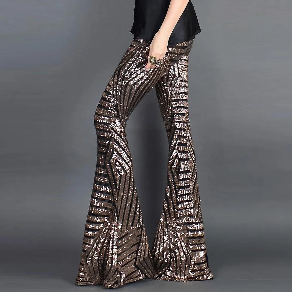 Sequin Glitter High Waist Wide Leg Long Flare Pants