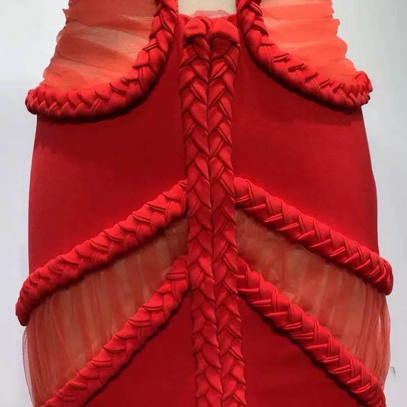 Sexy Criss Cross Braided Mesh Cutout Front Slit Maxi Evening Dress - Red
