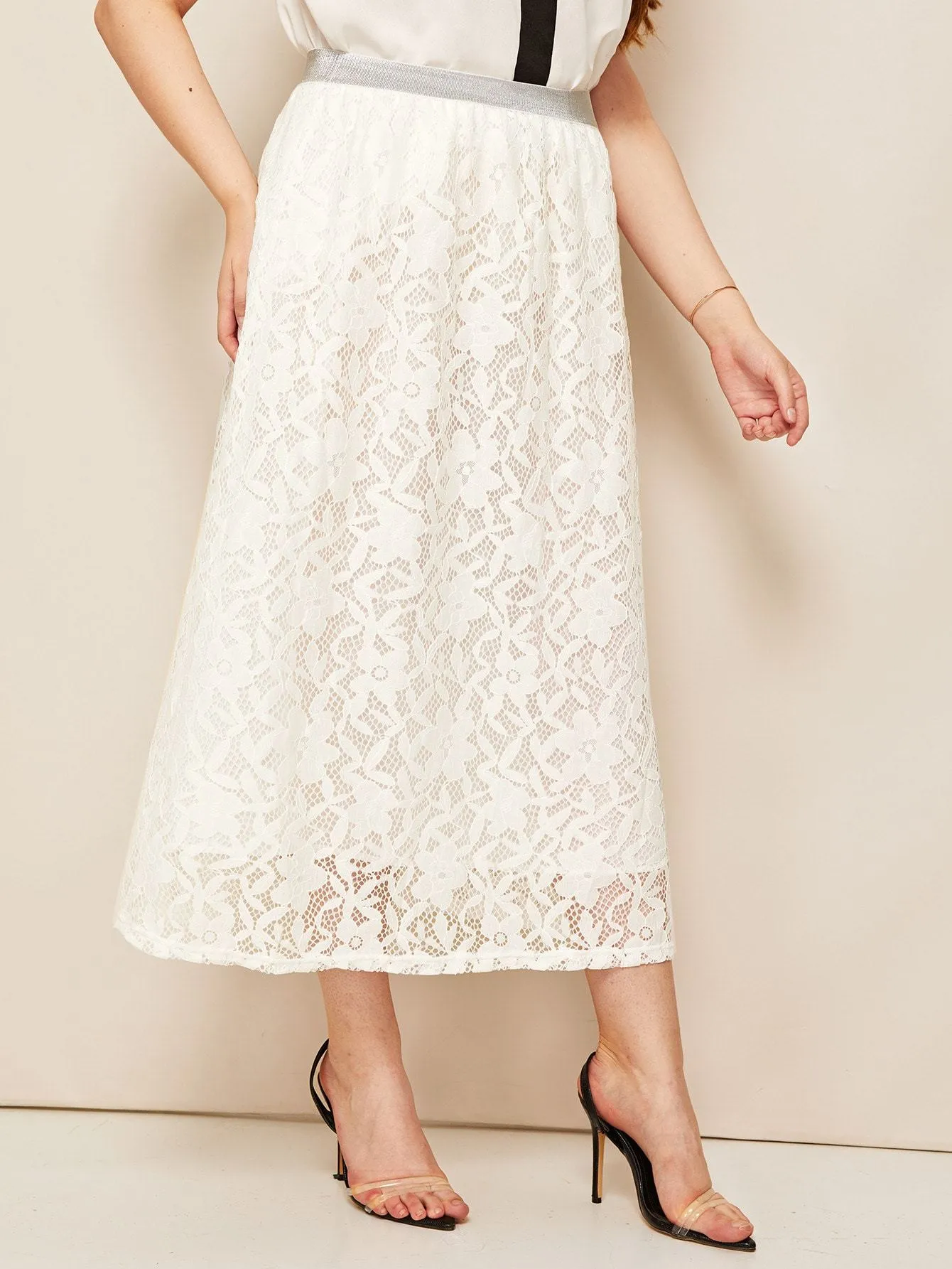 SHEIN Plus Solid Sheer Lace Skirt