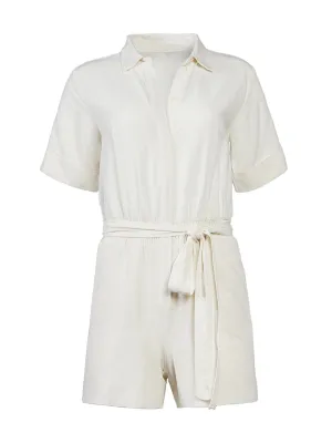 Short Sleeve Belted Romper in Winter White