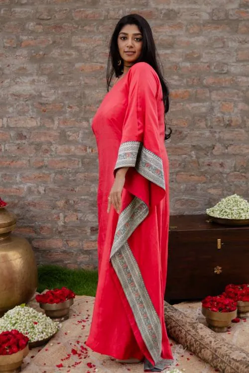 Silk one shoulder kaftan with vintage Benaras - Nzinga Ruby