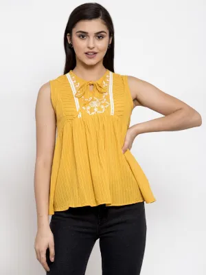 Solid Mustard Round Tie-Up Neck Tops for Ladies