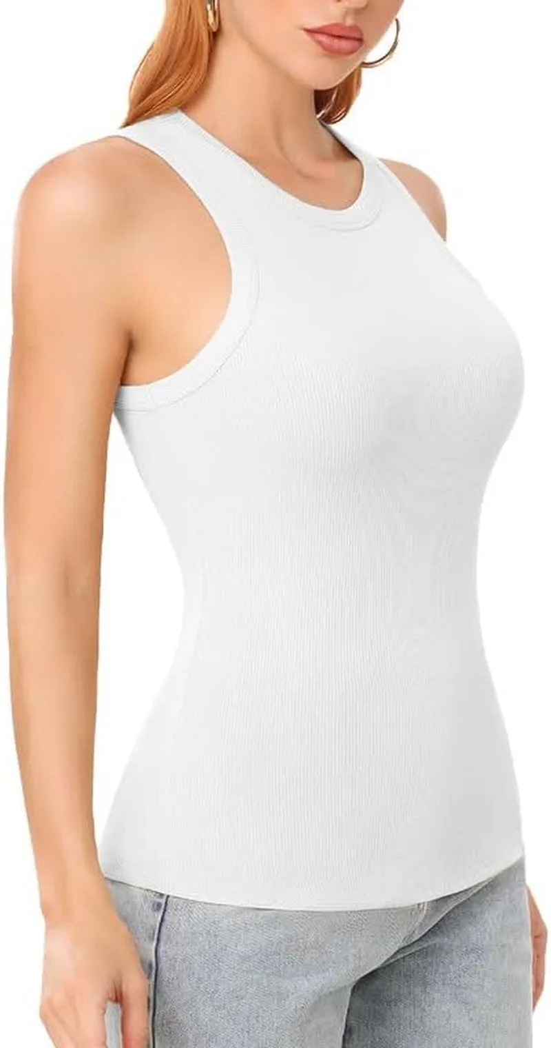 Tank Tops for Women Ribbed Sleeveless Racerback Summer Basic Cami Top Shirt round High Neck Slim Fitted Blouses