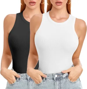 Tank Tops for Women Ribbed Sleeveless Racerback Summer Basic Cami Top Shirt round High Neck Slim Fitted Blouses