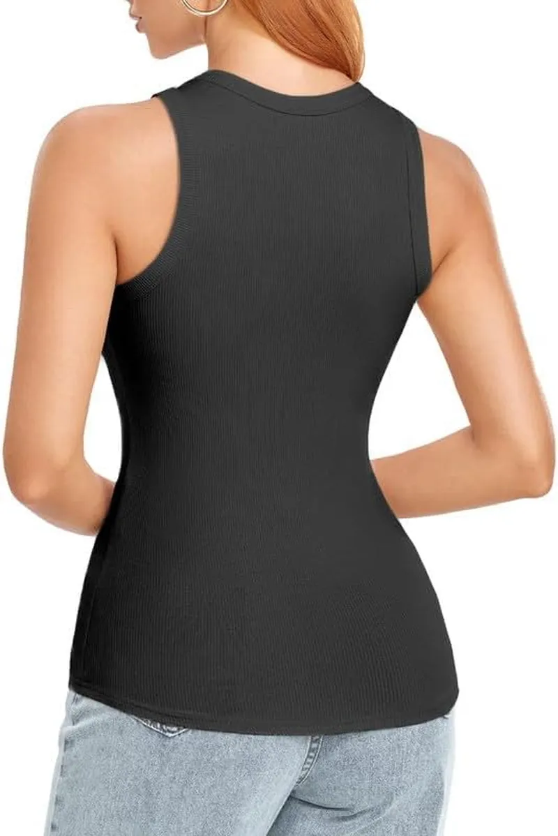 Tank Tops for Women Ribbed Sleeveless Racerback Summer Basic Cami Top Shirt round High Neck Slim Fitted Blouses