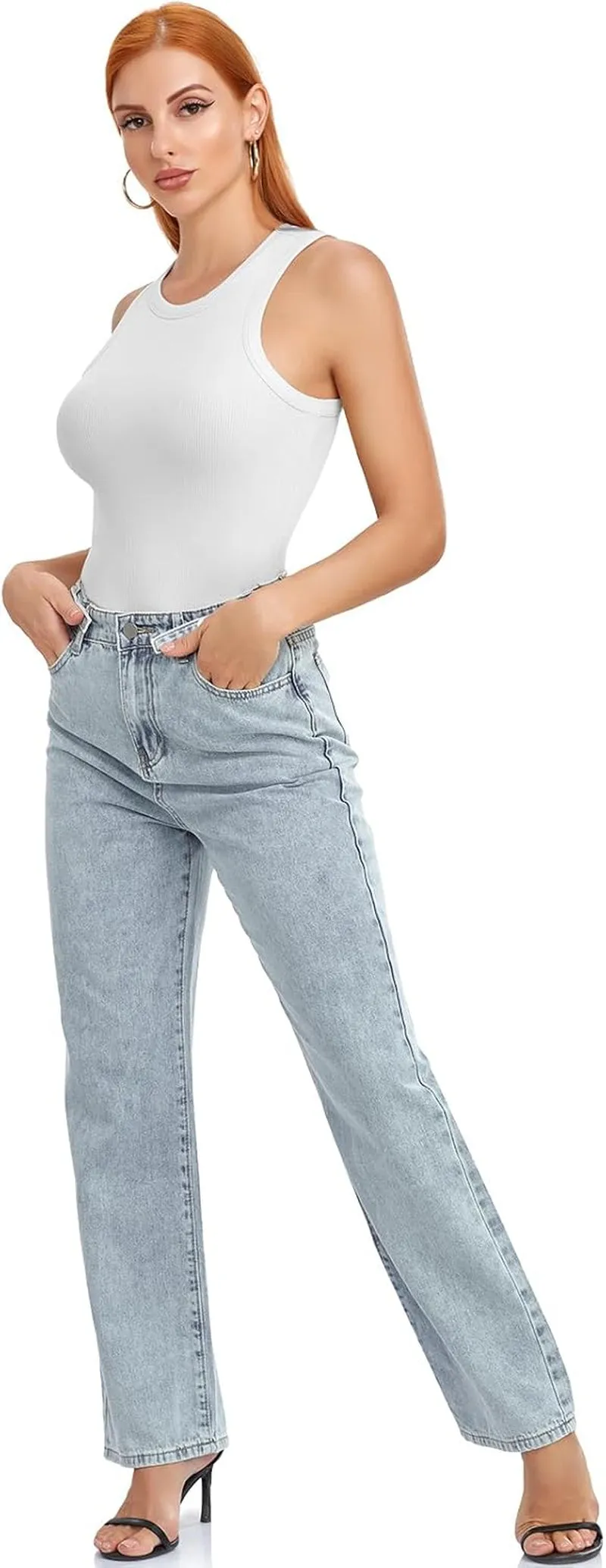 Tank Tops for Women Ribbed Sleeveless Racerback Summer Basic Cami Top Shirt round High Neck Slim Fitted Blouses