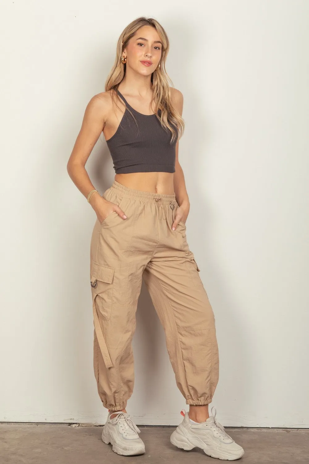 Taupe Elastic Waist Woven Cargo Pants
