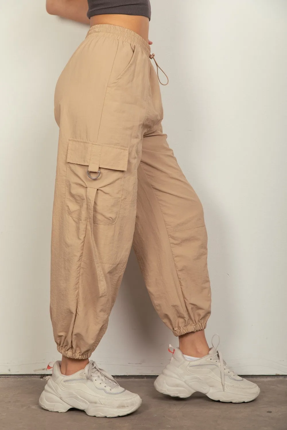 Taupe Elastic Waist Woven Cargo Pants