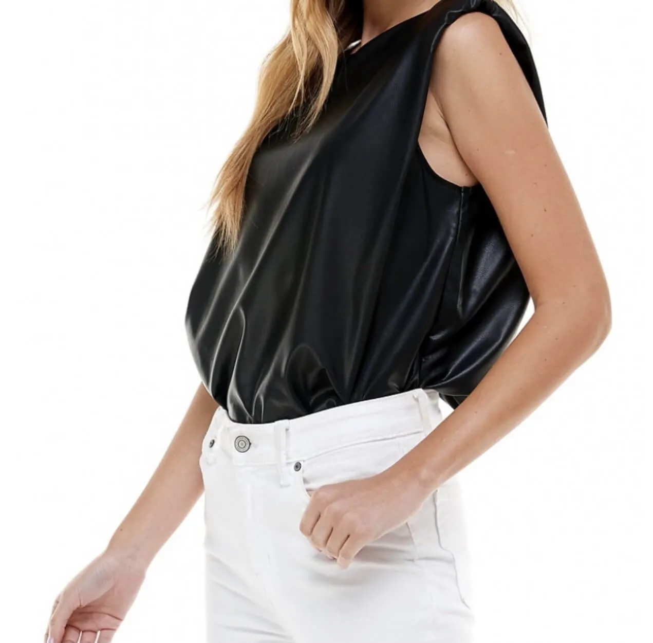 The Tammy Top: Pleather Sleeveless Power Shoulder Top