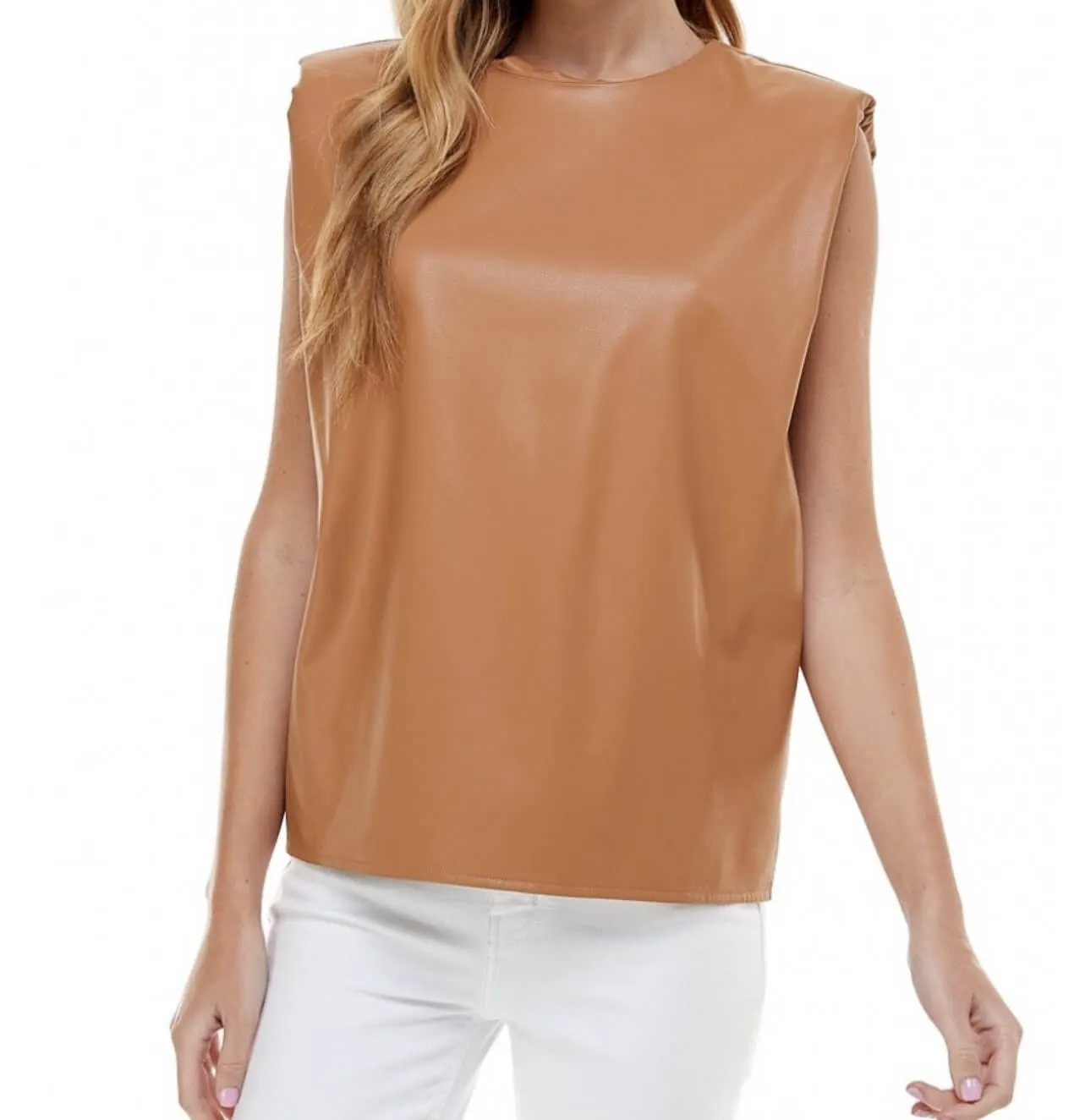 The Tammy Top: Pleather Sleeveless Power Shoulder Top