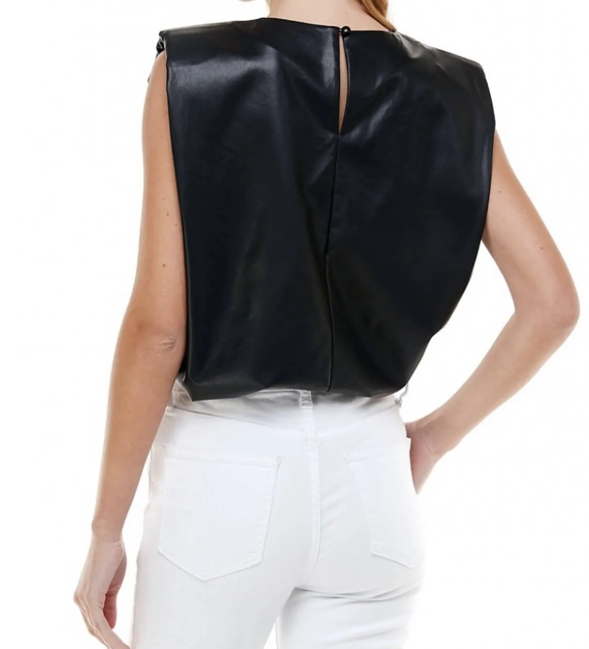 The Tammy Top: Pleather Sleeveless Power Shoulder Top