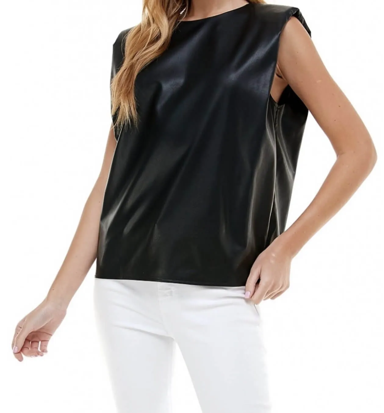 The Tammy Top: Pleather Sleeveless Power Shoulder Top