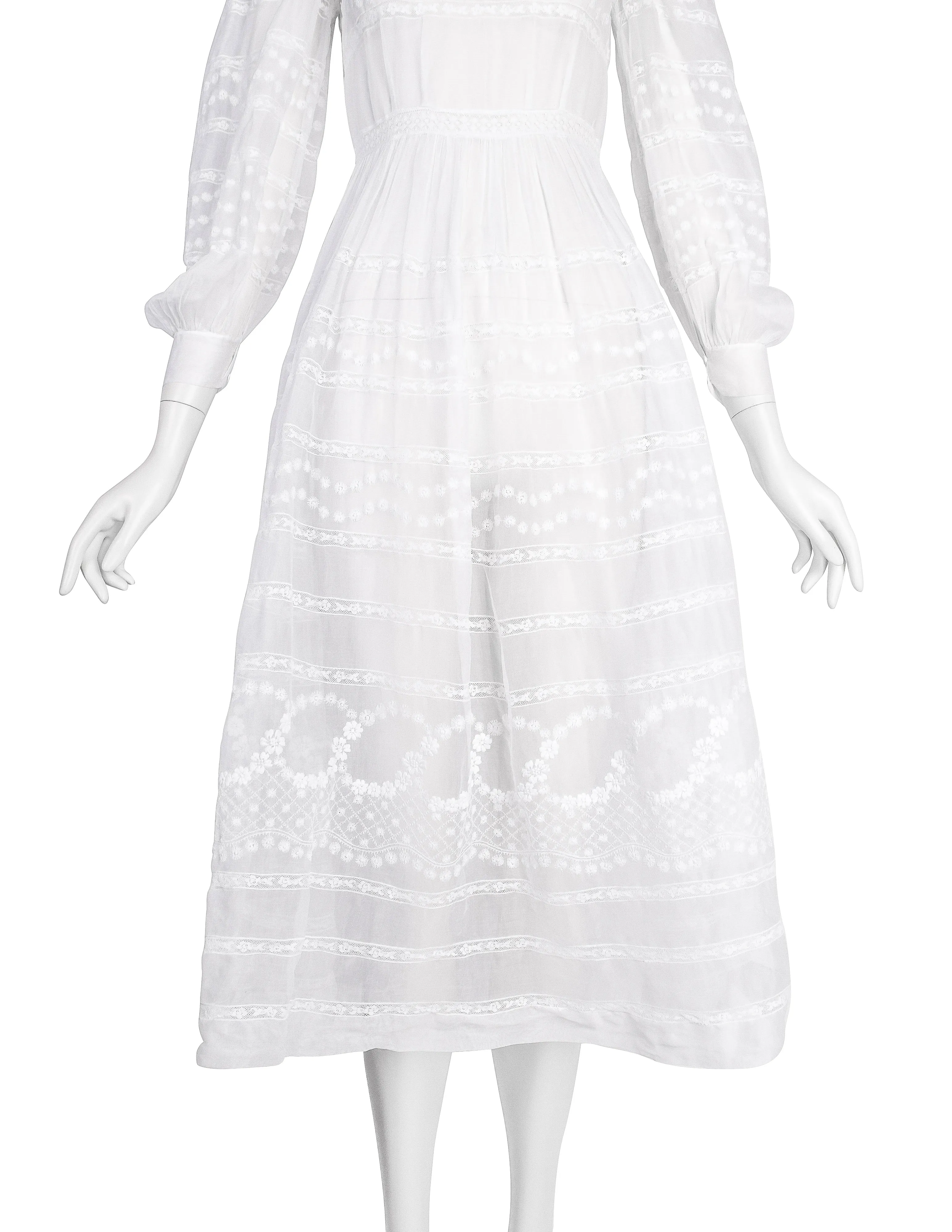 Vintage Early 1940s White Floral Embroidered Sheer Organdy Dress