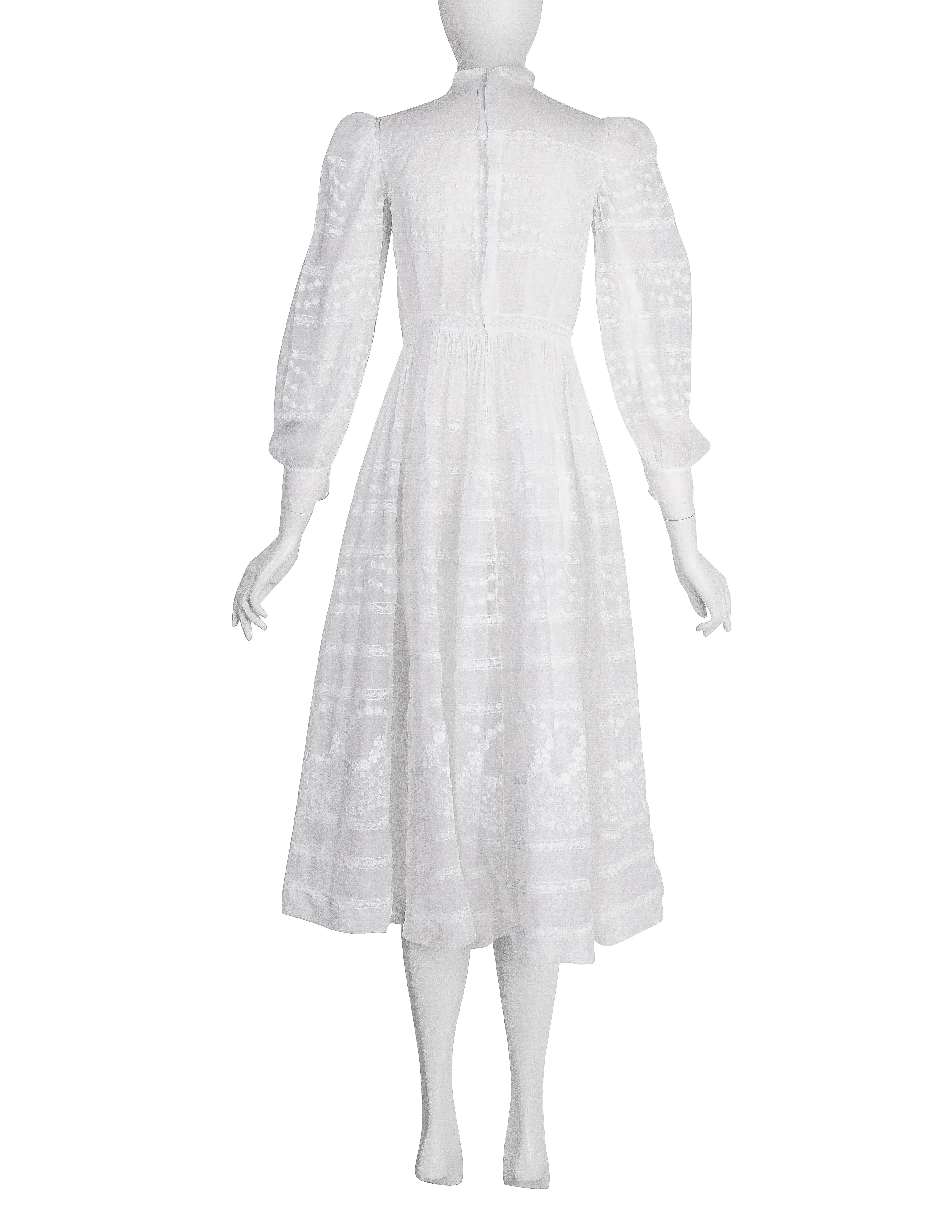 Vintage Early 1940s White Floral Embroidered Sheer Organdy Dress