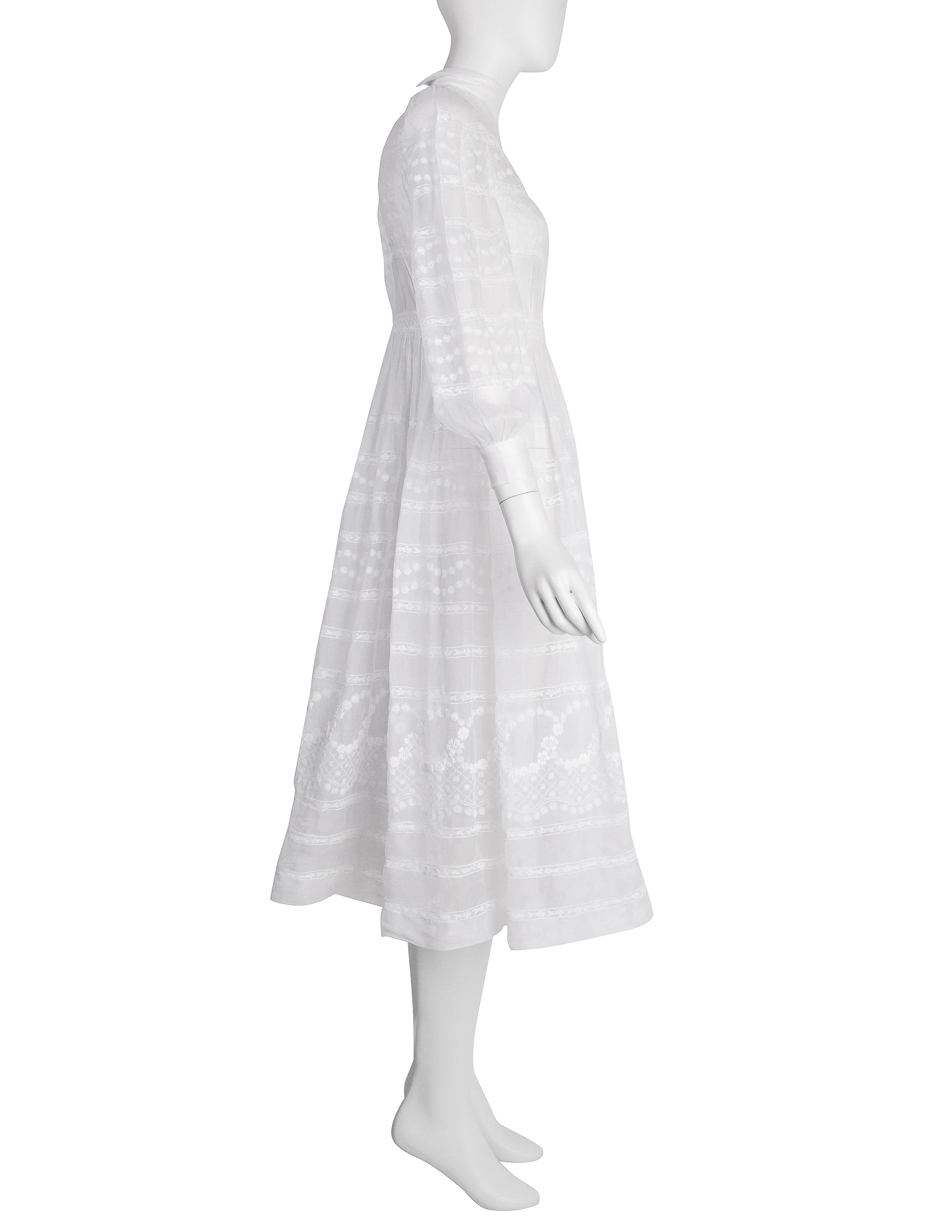 Vintage Early 1940s White Floral Embroidered Sheer Organdy Dress