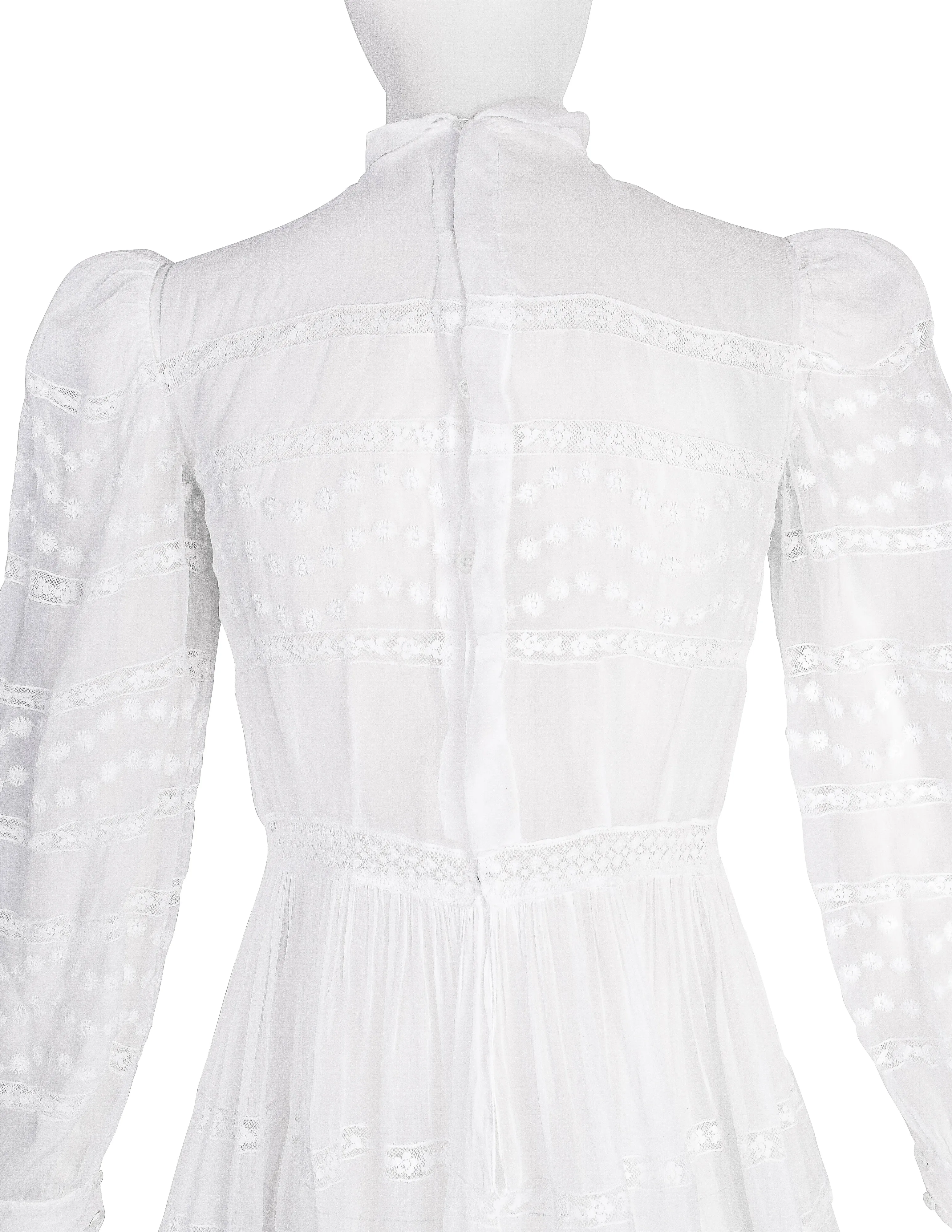 Vintage Early 1940s White Floral Embroidered Sheer Organdy Dress