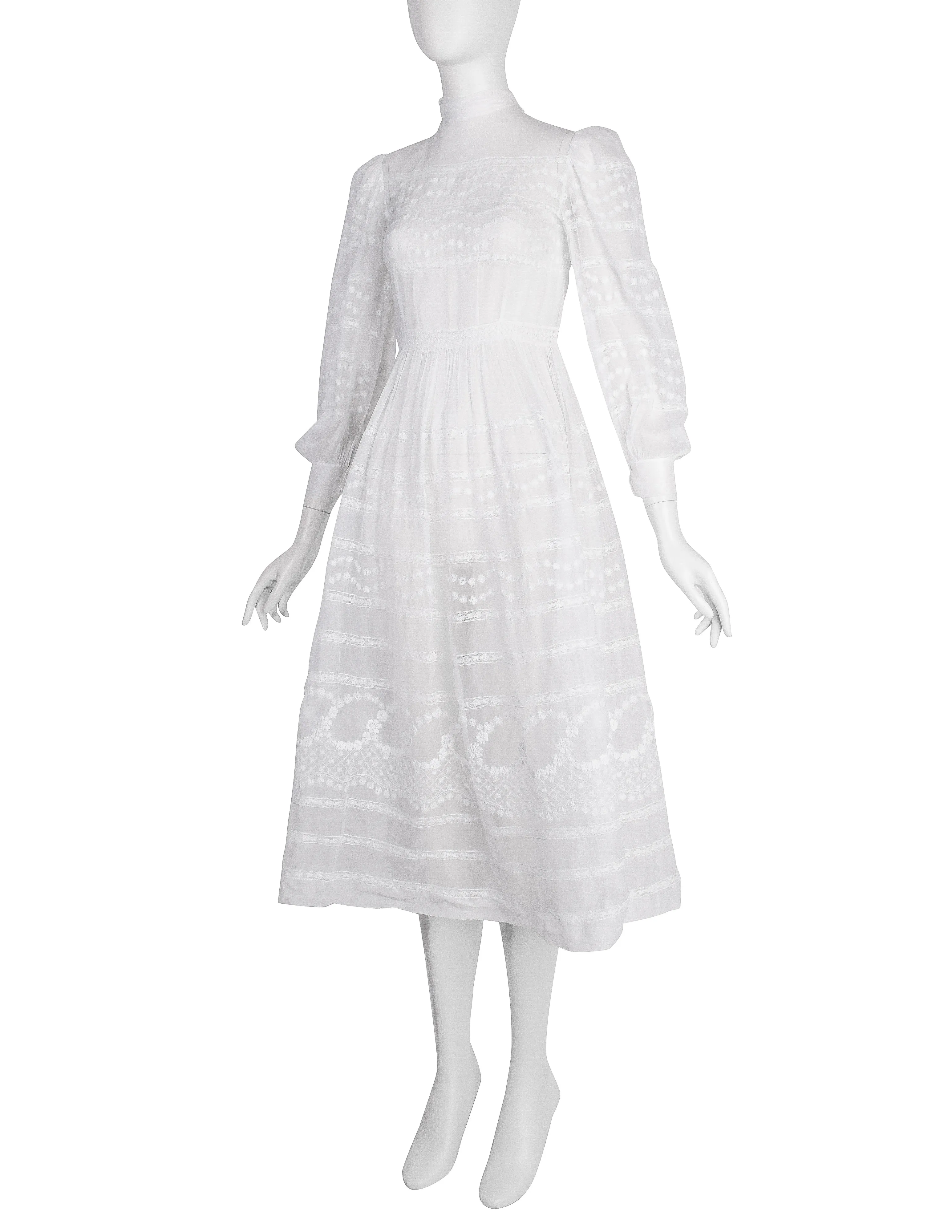 Vintage Early 1940s White Floral Embroidered Sheer Organdy Dress