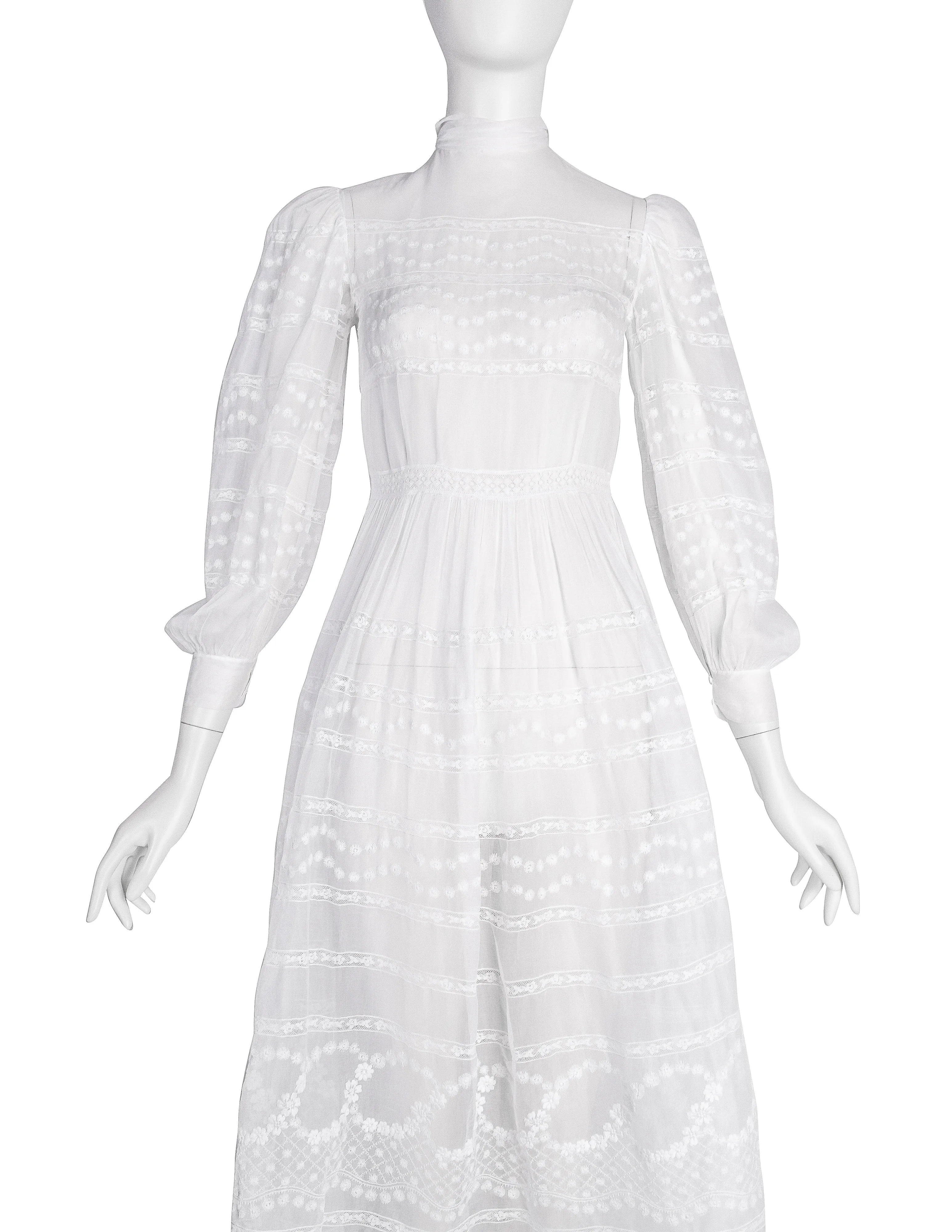 Vintage Early 1940s White Floral Embroidered Sheer Organdy Dress